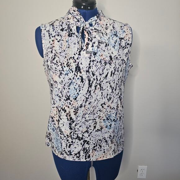 Calvin Klein sleeveless blouse with a tie neck and multi-color abstract print - Picture 1 of 7